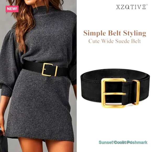 Wide Chunky Suede Belt with Gold Buckle for Dresses main image 3